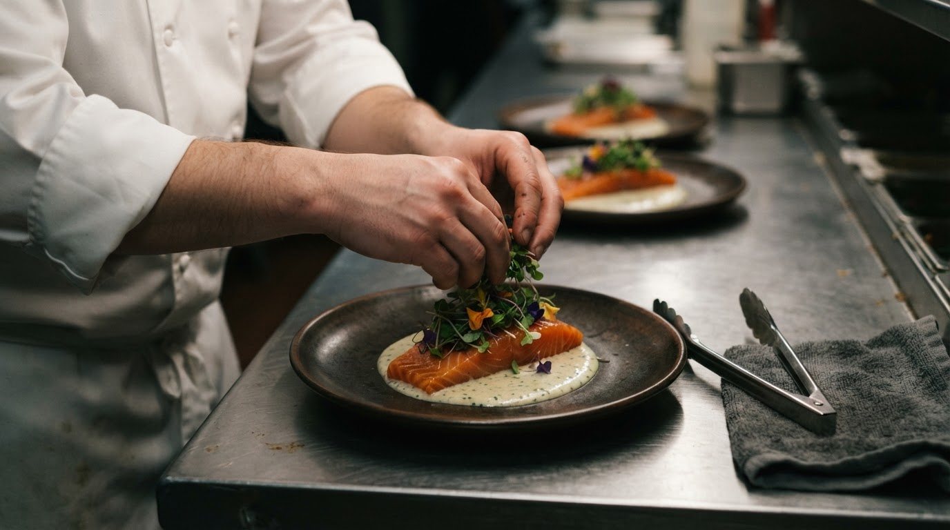 Tight frame of a chef's hands and white-sleeved forearms scattering micro-greens by hand over a fillet of cured salmon