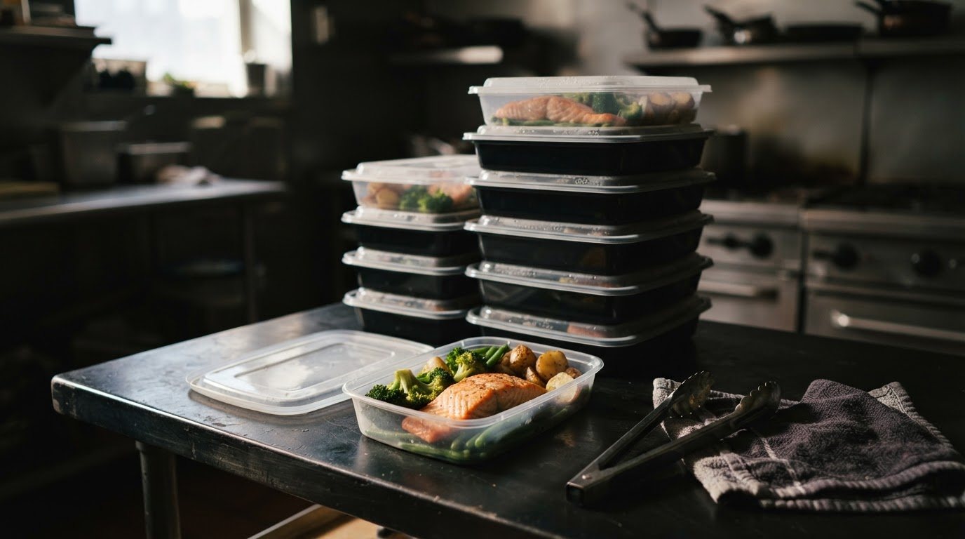 The week's portioned meals finished and lidded on the dark counter, greens on top of each portion, stacked ready to leave