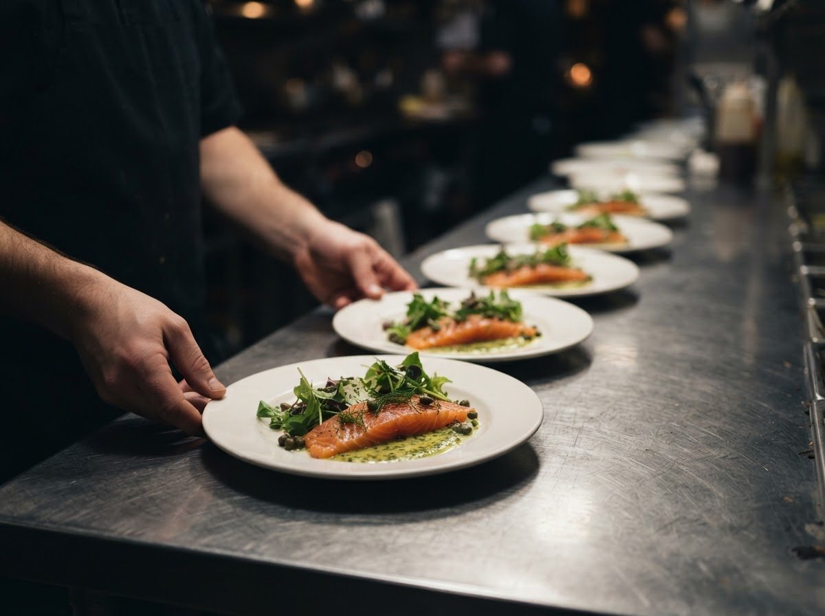Pulled back slightly along the same stainless pass: four or five identical finished plates of cured salmon with herbed sauce
